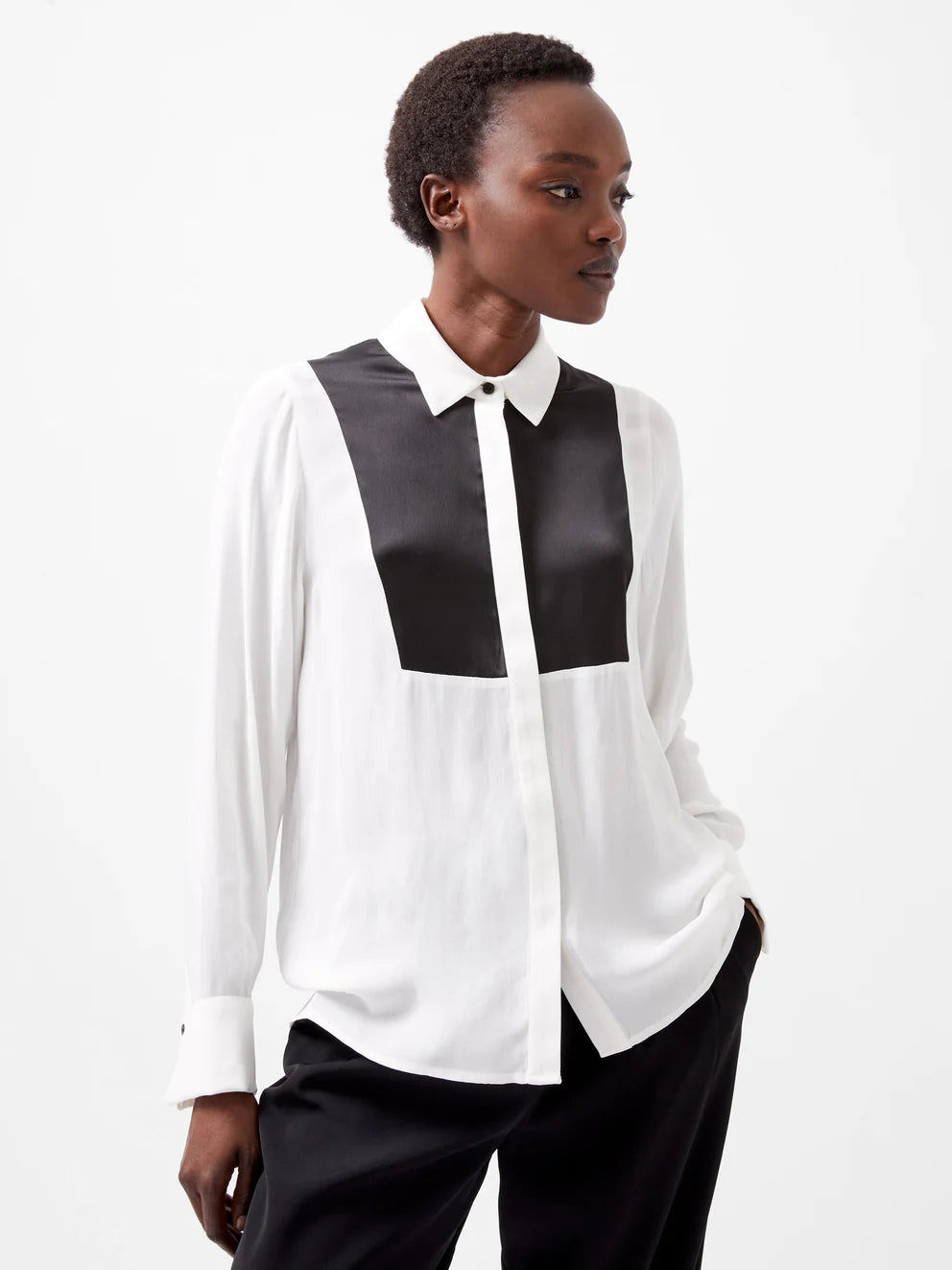 Chiara Drape Satin Contrast Long Sleeve Shirt | French Connection