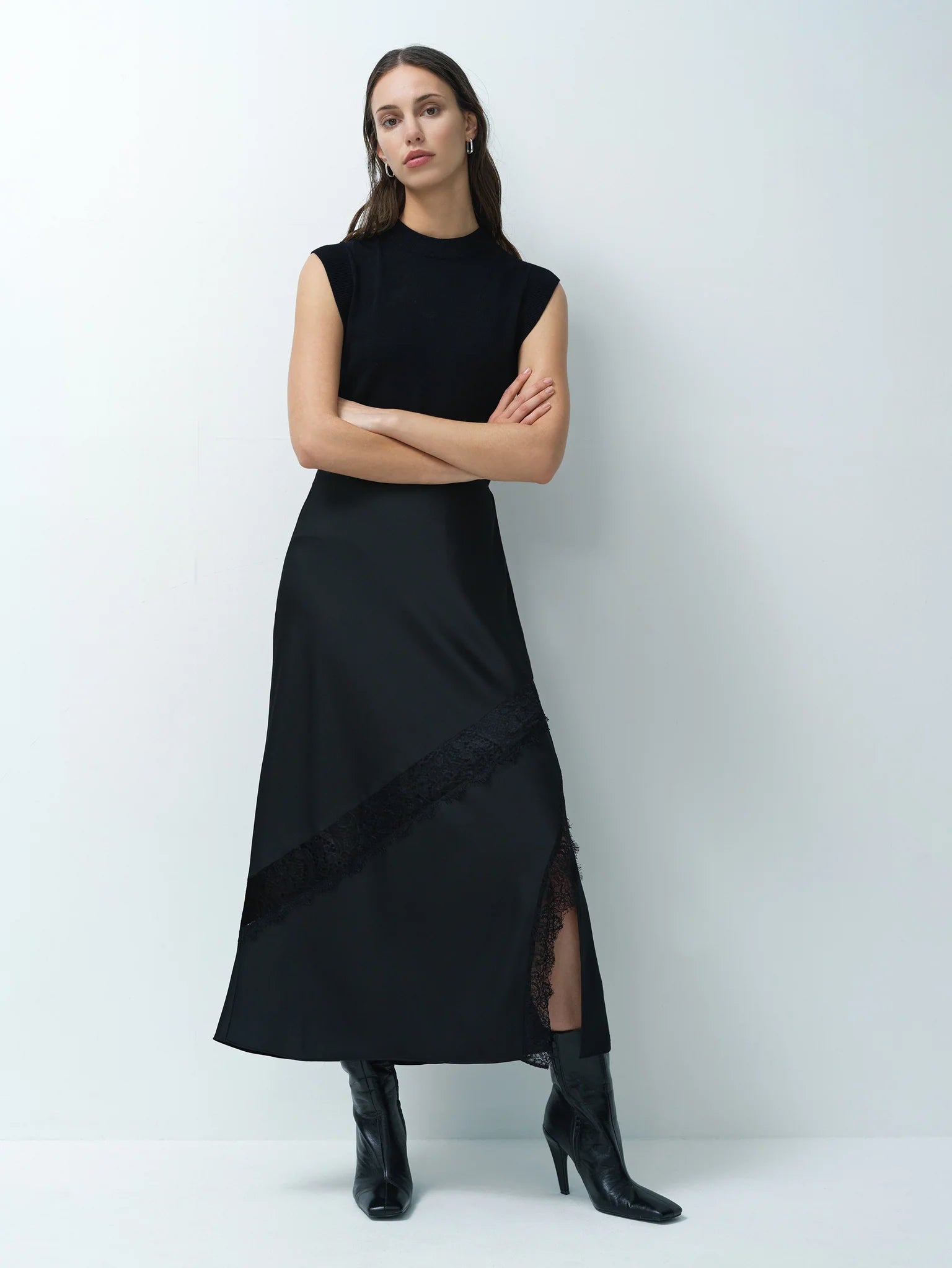 Dahlia Satin Lace Midi Skirt | French Connection
