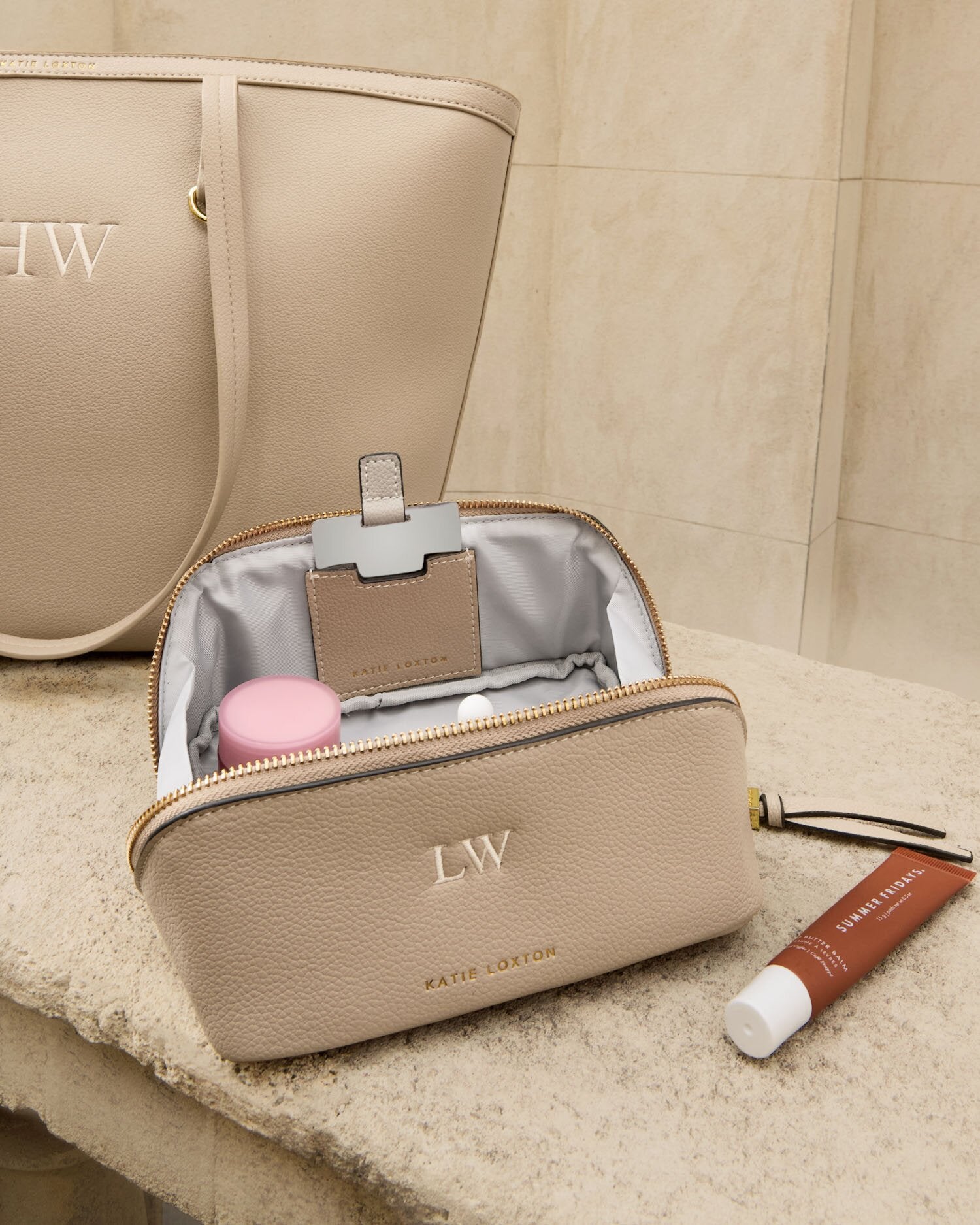 Fold out mirror make up bag taupe | Katie Loxton