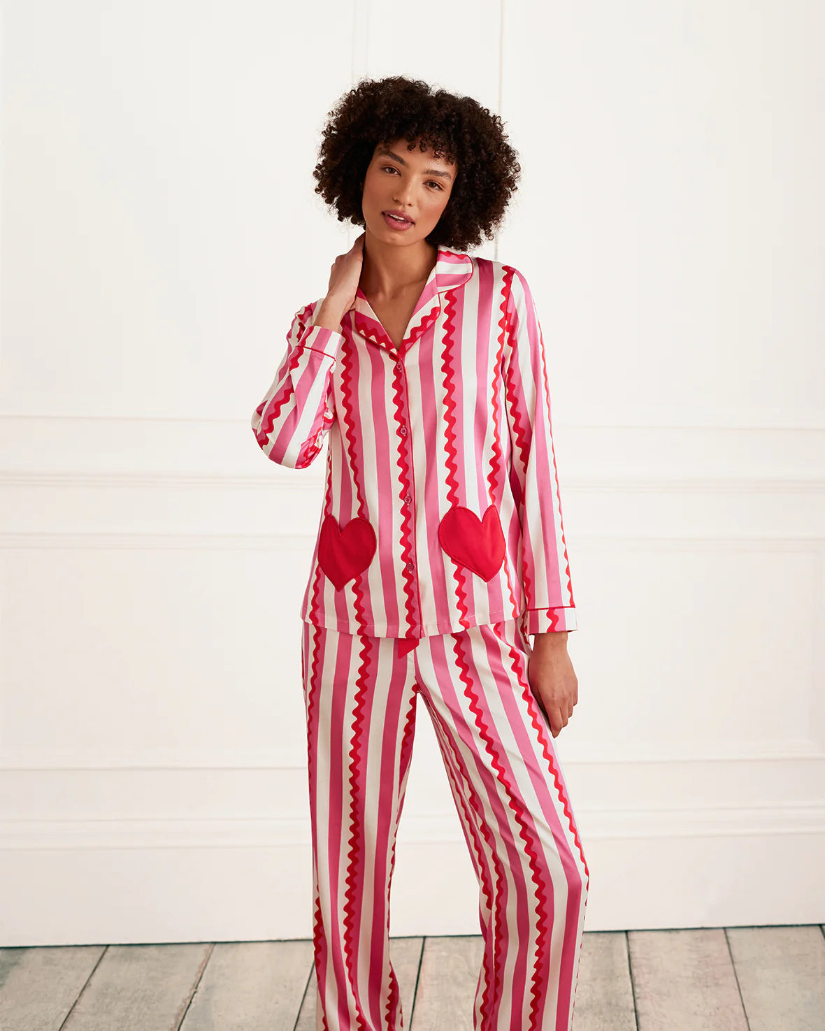 Chelsea Peers| Satin Heart Striped Pink PJ Set