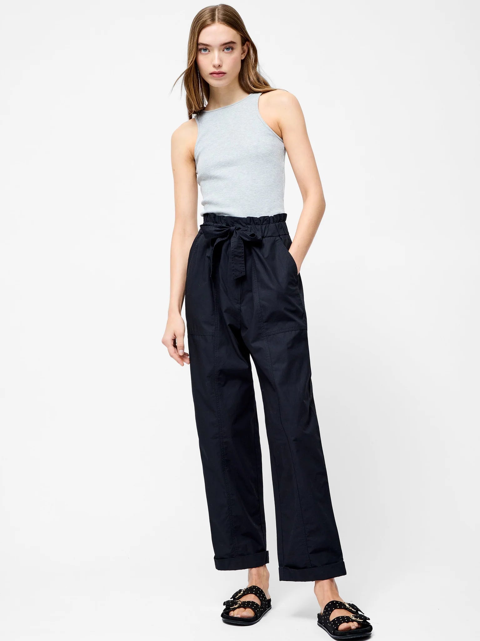 Cotton navy paper bag trousers | French Connection
