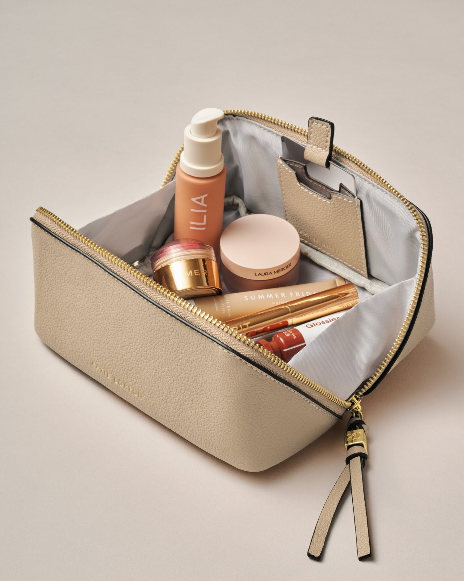 Fold out mirror make up bag taupe | Katie Loxton